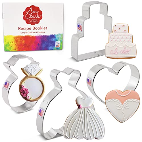 Set Di 4 Formine Per Biscotti Nuziali Ann Clark Stampi Per Biscotti Con Libretto Di Ricette, Abito Da Sposa, Torta Nuziale, Anello Di Diamanti E Cuore