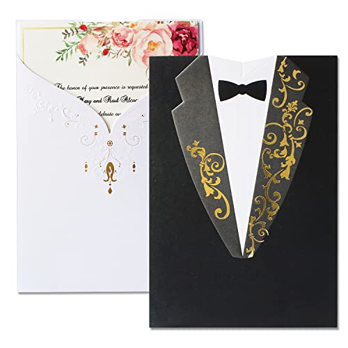 Hosmsua 20X Inviti Da Matrimonio Bianco E Nero Bronzante Con Sposo E Sposa Invito A Nozze Carte Per Festa Di Matrimonio, Trifold Inserts (20 Pezzi)