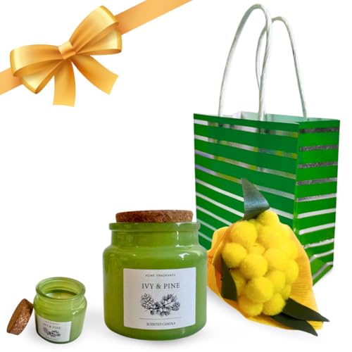 Naramaki Idee Regalo Pasqua 2025 - Sacchetto Regalo Con Candela Profumata Per Ambienti In Vaso Di Vetro + Bouquet - Regalini Fine Festa - Aromi| Essen