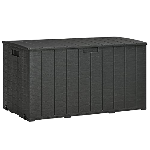 Outsunny Baule Da Esterno Da 366L Effetto Legno Con Coperchio A Doppia Leva, 2 Maniglie E 2 Rotelle, Cassapanca Contenitore Da Esterno In Plastica, 12