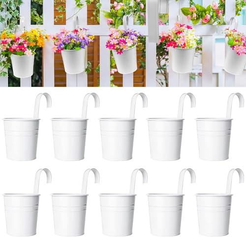 Kaheign 10 Pezzi Vasi Da Fiori D'Attaccatura Del Metallo, 10Cm Bianco Vasi Per Piante Secchio Per Fiori Sospeso Con Gancio Staccabile Per Ringhiera Ba