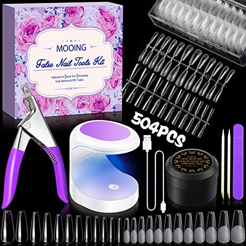 Mooing Tip Unghie E Colla Gel Kit Unghie Finte Con Colla, 504 Pezzi Unghie Finte Corte In Gel, 11 Taglie Kit Tip Unghie Ballerina, Con Mini Lampada Uv