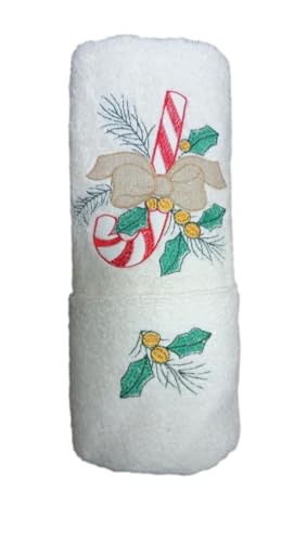 Ricami Fiorentini Baldi Idea Regalo Natale. Set 2 Asciugamani Viso + Ospite, Spugna Di Cotone 100% Con Ricamo Natale. Made In Italy (Agrifoglio - Bian
