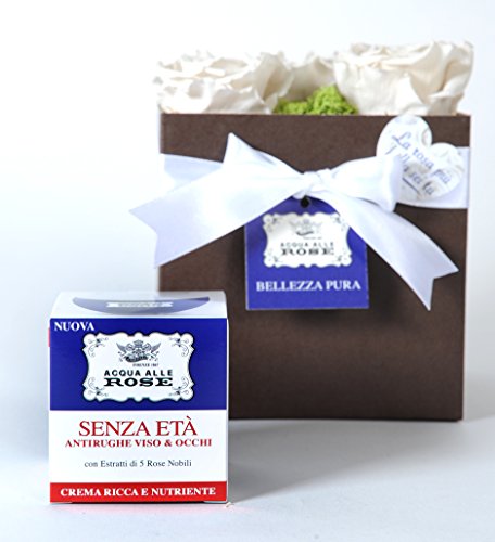 Green Creations Box 5 Rose Vere Stabilizzate Bianche + Acqua Alle Rose, Crema Antirughe Viso E Occhi 50 Ml