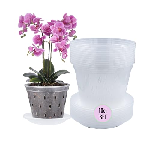 Garten Lux Set Di 10 Vasi Per Orchidee Trasparenti Con Foro Per Drenaggio, Diametro 17 Cm, 1,5 L E 10 Sottobicchieri, In Plastica, Per Interni