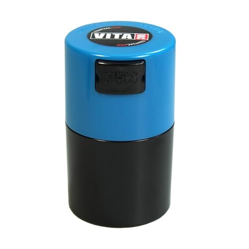 Tightvac Vitavac-Pocketvac Vacuum Sealed Pill Box & Vitamin Container, 1/56,7 Gram/06. Liter, Black Body/Lt. Blue Cap