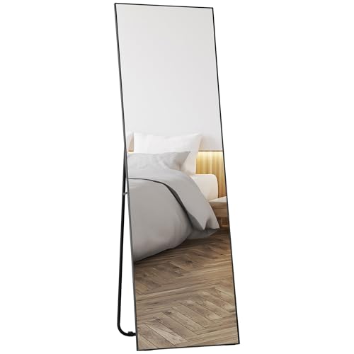 Homcom Specchio Da Terra Moderno A Figura Intera, 40X150 Cm Specchio Da Parete E Autoportante Rettangolare Con Cornice, Ganci E Supporto Per Camera Da