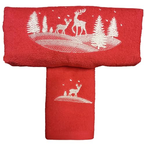 Ricami Fiorentini Baldi Idea Regalo Natale. Set 2 Asciugamani Viso + Ospite, Spugna Di Cotone 100% Con Ricamo Natale. Made In Italy (Renne-Rosso)