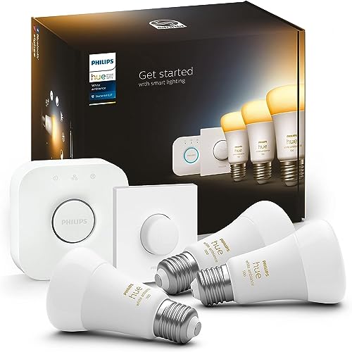 Philips Hue White Ambiance Starter Kit Con 3 Lampadine, Con Bluetooth, Dimmerabili, Attacco E27 + 1 Bridge Hue Controllo Completo Del Sistema + 1 Tele