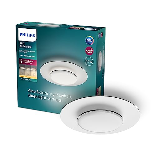 Philips Led Garnet Sceneswitch, Plafoniera Rotonda, Luce Bianca Calda, Dimmer A Fasi, 30W, Nero