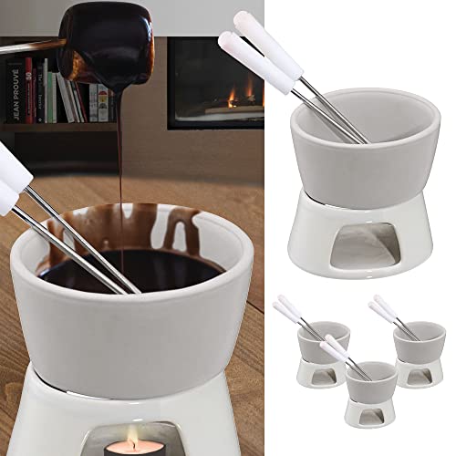 Cepewa Set Di 4 Fonduta Di Cioccolato In Ceramica, Per Fonduta Di Cioccolato, Bianco, Con 2 Forchette In Acciaio Inox (4 Set Di Fonduta Al Cioccolato)