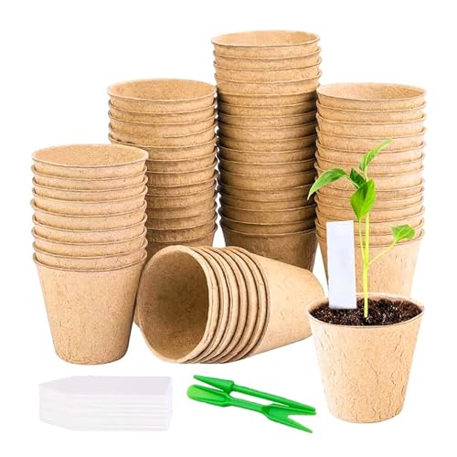 Runmkuo Vasetti Biodegradabili Per Piantine,100 Pezzi 8 Cm Vasi Biodegradabili Da Giardino Con 100 Etichette Per Piante E Coppia Di Attrezzi, Per Germ