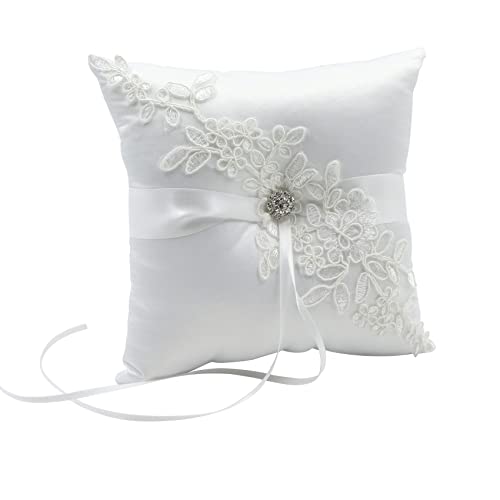 Bianco Cuscino Ricamato Per Nuziali - Portafedi Scatola Anelli Fedi Decorazione Con Raso Arco Pizzo Strass Per Proposte Matrimonio Cerimonia Dell'Anel