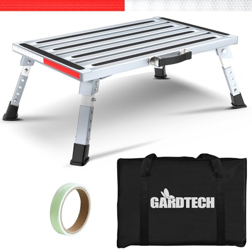 Gardtech Gradino Pieghevole In Alluminio, Sgabello Pieghevole Per Camper, Roulotte - Carico Max 150 Kg Con Strisce Fluorescenti, Regolabile In Altezza
