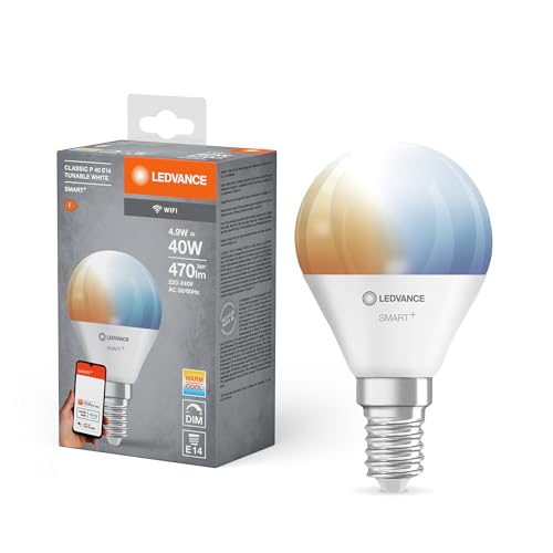 Ledvance Lampada Led Smart+ Wifi, Smerigliata, 4,9W, 470Lm, Forma Classica A Sfera (Classic P), Attacco E14, Luce Bianca Regolabile, Dimmerabile, App