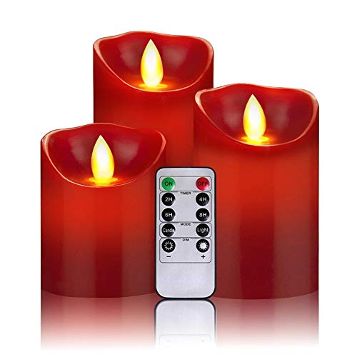 Oshine Candele A Led, Senza Fiamma,300 Ore (10,2 Cm 12,7 Cm 15,2 Cm, Je Ø 8 Cm) 10 Tasti Del Telecomando Con Funzione Di Timer 24 Ore, Rosso [Classe D