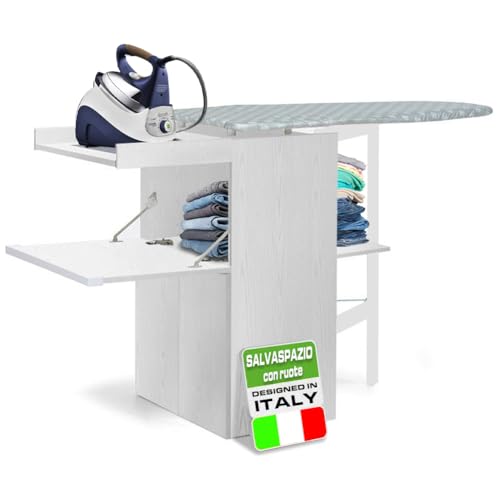 Shally Dogan Mobile Asse Da Stiro A Scomparsa Salvaspazio Richiudibile, Mobiletto Pieghevole Telaio In Legno Per Stiratura Veloce, 4 Ruote Per Spostam