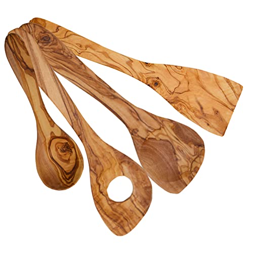 Mw - Cucchiaio In Legno D'Ulivo, Cucchiaino In Legno, Da Cucina, 3 Pezzi, 30 Cm, Con Cucchiaio Piccolo Da 14 Cm