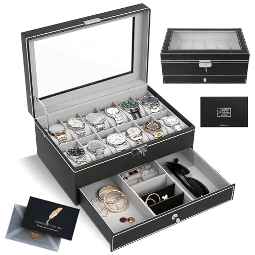 Samiso Scatola Porta Orologi, Portaorologi, Doppio Strato,Cofanetti Pelle Pu Con Coperchio In Vetro Per 12Orologi, Portagioielli Per Uomo E Donna