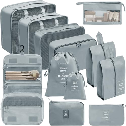 Chijoo Organizer Valigia 12 Pezzi (Grigio), Organizer Viaggio, Organizer Valigia Salvaspazio, Packing Cubes, Set Organizer Per Valigia, Sacchetti Vest