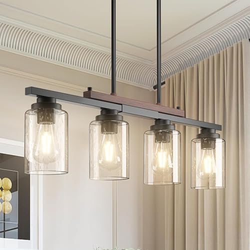 Hvkvhvy Lampadario Cucina Nero,Vetro E Metallo Lampadario Soggiorno 4 Luci Vintage E27 Lampadario Camera Da Letto Industriale 80Cm Tessutura Di Legno