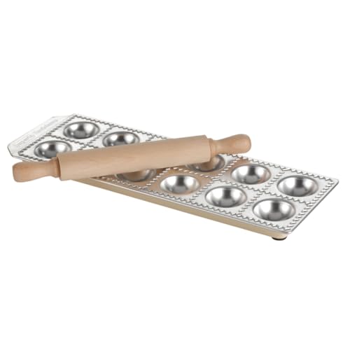 Kitchencraft Imperia Stampo Per Ravioli Con Dodici Fori E Mattarello, Legno / Acciaio Inossidabile, 33.7 X 1.9 X 11.4 Cm, Argento / Marrone