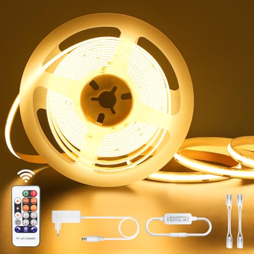 Striscia Led Cob Bianco Caldo 5 Metri, Strip Led 24V, Strisce Led Dimmerabile 3000K, Impermeabile Ip44 Strip Led Auto Adesive, Led Striscia Con Teleco