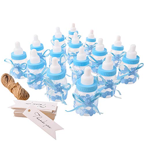 Gudotra (125 Packs) 24Pz Biberon Portaconfetti Nascita Blu Scatoline Bomboniera Battesimo+100Pz Carta Di Ringraziamento+10M Corda Per Idea Battesimo C
