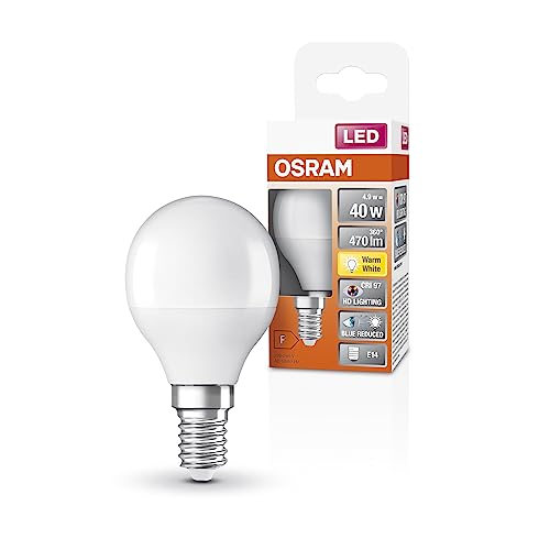 Osram Lampada Led Superstar+ Classic P 40 Fr, Attacco E14, Sfera, 4.9W, 470Lm, 2700K, Luce Bianca Calda, Componente Blu E Affaticamento Visivo Notevol