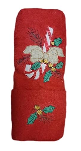 Ricami Fiorentini Baldi Idea Regalo Natale. Set 2 Asciugamani Viso + Ospite, Spugna Di Cotone 100% Con Ricamo Natale. Made In Italy(Agrifoglio - Rosso