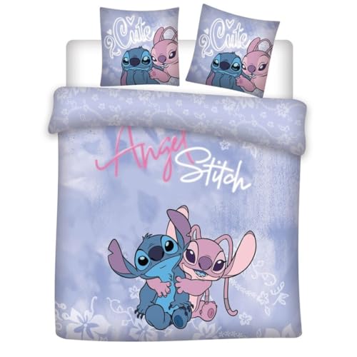 Parure Da Letto Matrimoniale Angel & Stitch 2 Persone, Copripiumino Reversibile 240 X 220 Cm + 2 Federe 65 X 65 Cm, In Policotone
