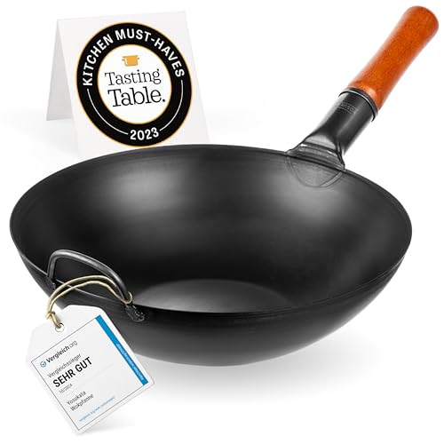 Yosukata Wok Padella Professionale 34 Cm- Tradizionale Wok Acciaio Al Carbonio Fondo Piatto Precondizionato -Wok Cinese Originale -Nero Pentola Wok -