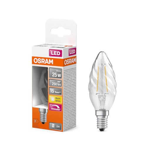 Osram Led Superstar Classicfilamento Nella Classica Forma Di Mini Candela Attorcigliata, Vetro Trasparente Senza Piombo, 2,8 W, 250 Lm,(2700 K), E 14,
