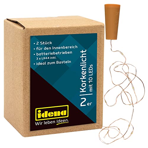 Idena 31091 - Catena Luminosa A 10 Led Micro Bottiglia, Bianco Caldo, Filo Di Rame Con Sughero, Batterie Incluse, Ciascuno Lungo Circa 0.97 M, Decoraz