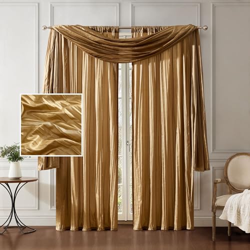 Elrene Atena Set Di Tende E Mantovana Per Finestra In Finta Seta Con Filtro A Luce E Sciarpa, 132 X 241 Cm, Oro, Poliestere, W 52" X L 95" (3 Panels),