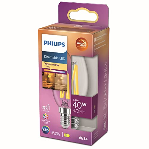 Philips Led Lampadina Candle & Lustre, Oliva, Filamento, Warmglow, 3.4-40W, Dimmerabile, E14, 1 Pezzo