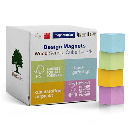 Magnetoplan Design Magnets Wood Series Cube, 4 Pezzi, Magneti In Legno Di Alta Qualità In 4 Colori Pastello, Quadrati, Certificati Fsc