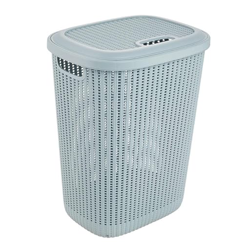 Keeeper Cesta Per Biancheria In Stile "Effetto Maglia", Coperchio Integrato, Con Fori Di Ventilazione, Plastica, 57 L, Arne, Blu Fumo