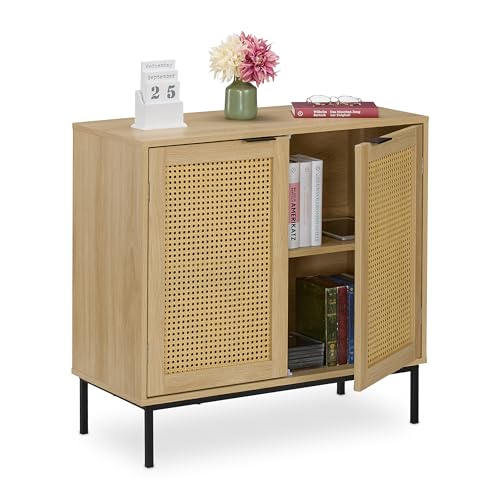 Relaxdays Credenza Ingresso E Salotto, Comò Vintage Con Ante In Rattan, Gambe In Metallo, Hlp: 76X80X35 Cm, Marrone Nero, Fibra Di Legno