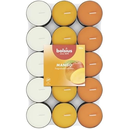 Bolsius - 30 Tealight Profumati - Mango - Durata Di Combustione Di 3.5 Ore - Diametro 38 Mm - Estratti Naturali - Contiene Cera Vegana - Senza Olio Di
