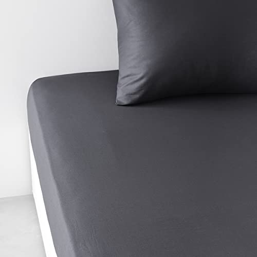 Lenzuolo Con Angoli, 160 X 200 Per 2 Persone, Grande Berretto 30 Cotone, Tinta Unita, Essenziale Carboncino