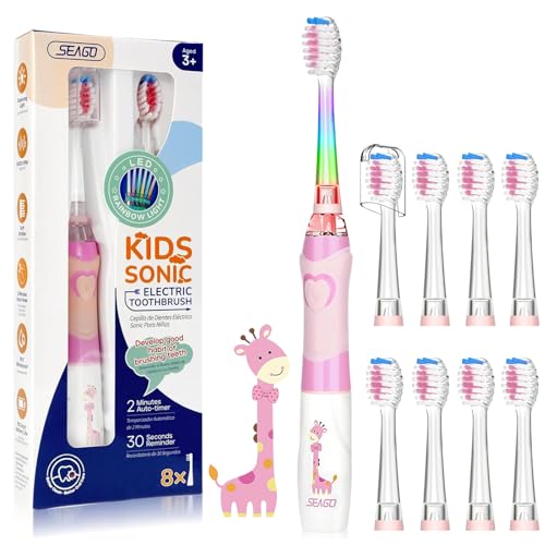 Seago Spazzolino Elettrico Bambini Dai 3-12 Anni Con Timer Di Spazzolamento E Lampade A Led Colorate E 4 Setole Morbide Testine Idea Regalo Per Ragazz