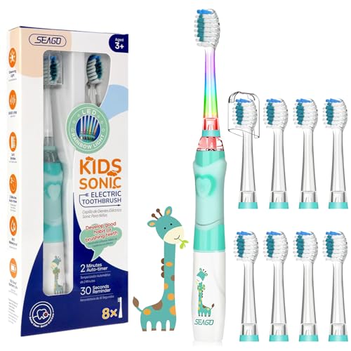Seago Spazzolino Elettrico Bambini Dai 3-12 Anni Con Timer Di Spazzolamento E Lampade A Led Colorate E 4 Setole Morbide Testine Idea Regalo Per Ragazz