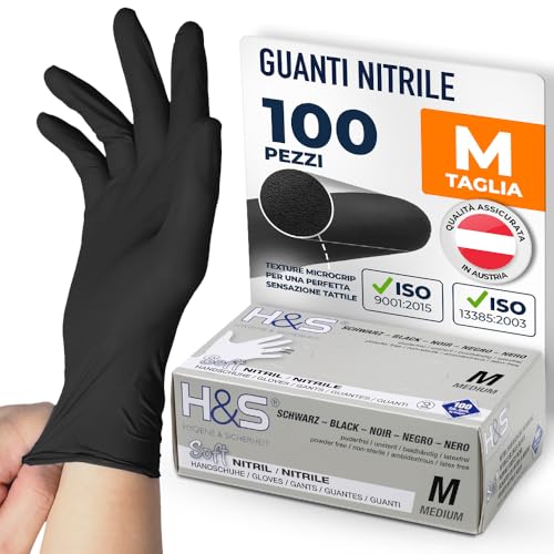 Guanti Al Nitrile, Scatola Da 100 Guanti, S Small M Medium L Large Xl X-Large, Senza Polvere, Senza Lattice, Per Uso Alimentare, Ambidestro (Nero, M)