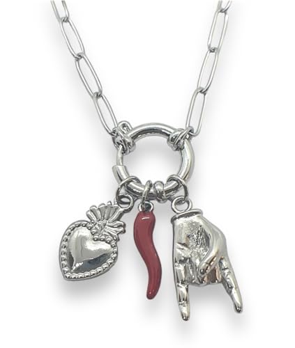 Silo Bijoux Collana Catena Sacro Cuore Corno Mano Corna Donna Uomo In Acciaio Inox 316L Anallergico Alta Qualità Portafortuna - Disponibile Color Oro 