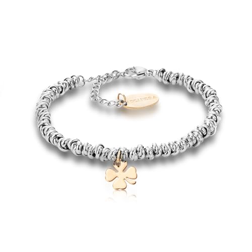 Nicandra Bracciale Quadrifoglio Intrecciato Nodini - Bracciale Portafortuna Donna In Acciaio Inossidabile E Catenina Regolabile Da 16 A 21Cm - Idea Re