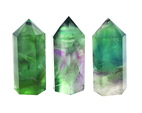 Set Of 3 Pointed & Faceted Healing Crystal Wands Made Of Natural Green Fluorite Stone For Reiki Chakra Meditation Therapy Decor