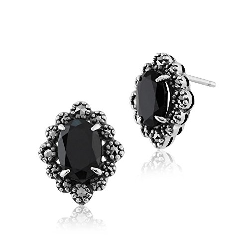 Gemondo 925 Sterling Silver 2.00Ct Nero Spinello & 0.24Ct Marcasite Art Deco Orecchini A Perno