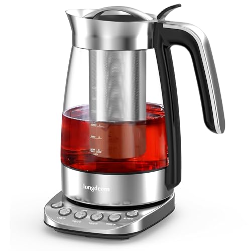 Longdeem Electric Tea Kettle Pot, Fast Boil, 1,7 L/2200 W, Vetro Borosilicato In Acciaio Inox E Filtro Interno, Scaldabagno E Riscaldatore Con Spegnim