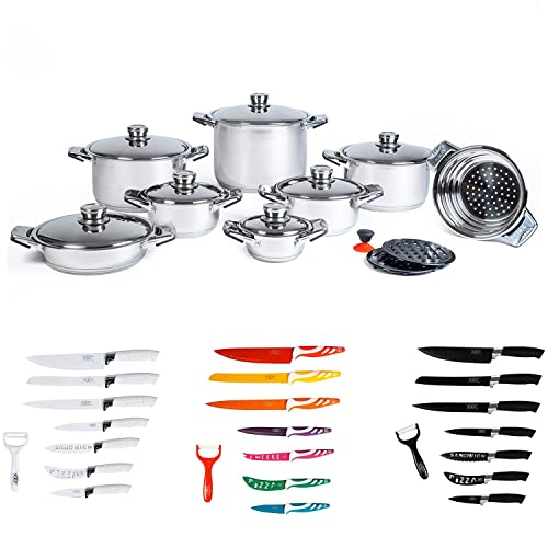 A.M.C. Set Batteria Di Pentole E Tegami In Acciaio Inox 18/10, Tradizionale E Induzione Kit 18 Pz Con Omaggio Set Coltelli In Ceramica Antibatterici D